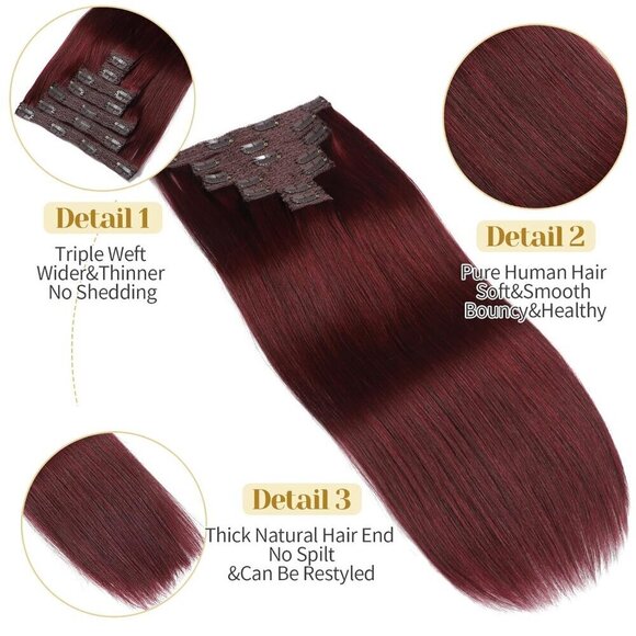 Clip in Hair Extensions Human Hair Burgundy Red 20 Inch 7pcs for Women main image 5